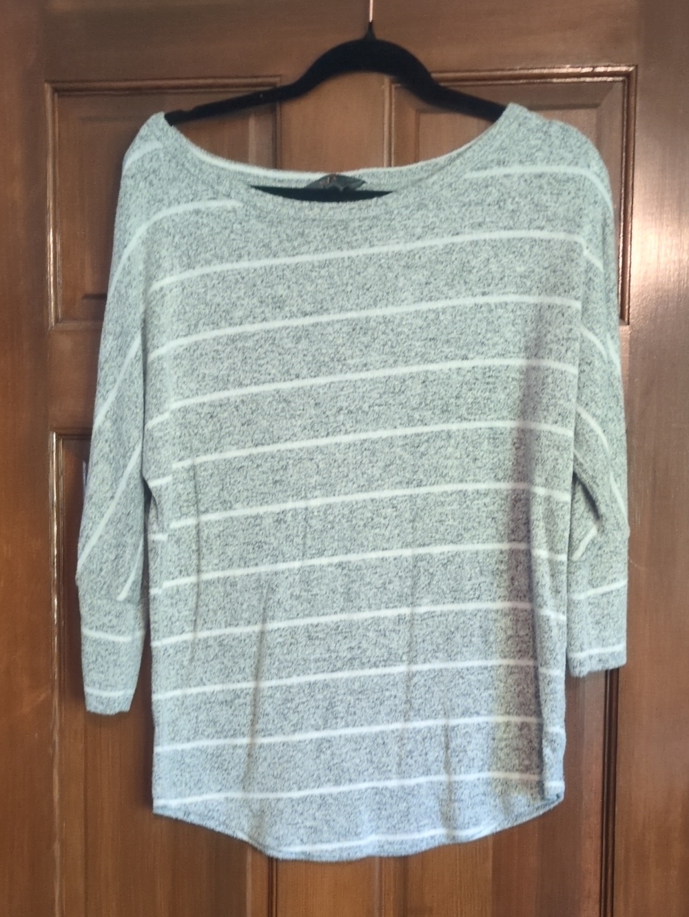 Off-the-Shoulder Light Gray Striped Sweater - Women's Casual Knit Top